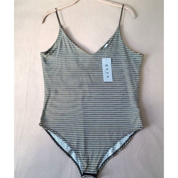 gaze Tops - Gaze DTLA V Neck Bodysuit with Thin Straps Size L Stripes Black/White/Gold NWT